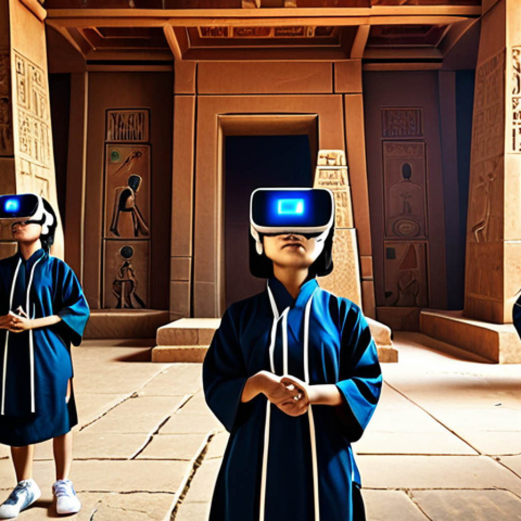 **

A group of Vietnamese students wearing VR headsets inside a vibrant, futuristic metaverse classroom. They are virtually exploring the ancient pyramids of Giza, rendered in high detail. One student reaches out to touch a hieroglyphic, showcasing interactive learning. Incorporate elements of Vietnamese traditional clothing subtly blended with futuristic techwear.

**