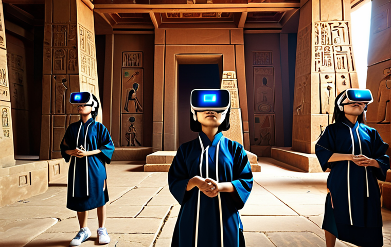 **

A group of Vietnamese students wearing VR headsets inside a vibrant, futuristic metaverse classroom. They are virtually exploring the ancient pyramids of Giza, rendered in high detail. One student reaches out to touch a hieroglyphic, showcasing interactive learning. Incorporate elements of Vietnamese traditional clothing subtly blended with futuristic techwear.

**